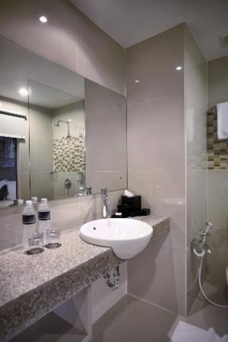Shower, free toiletries, slippers, towels