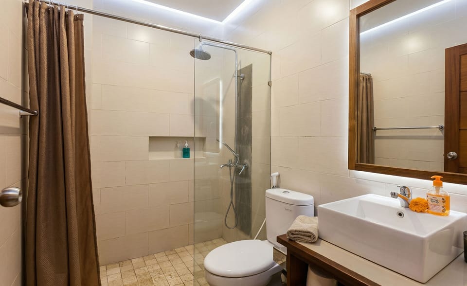 Hydromassage showerhead, hair dryer, towels, soap
