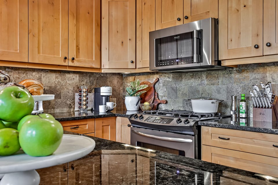 The kitchen includes everything you require to cook a delicious meal.
