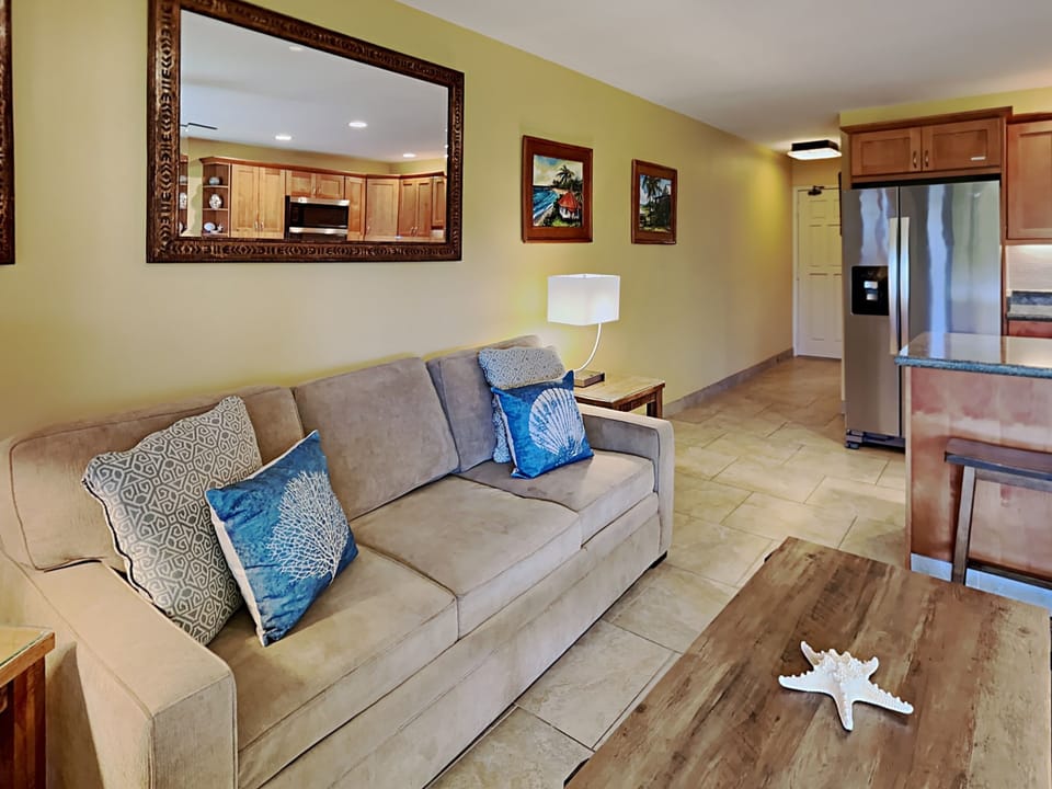 Relaxing living area, complete with tile flooring all throughout