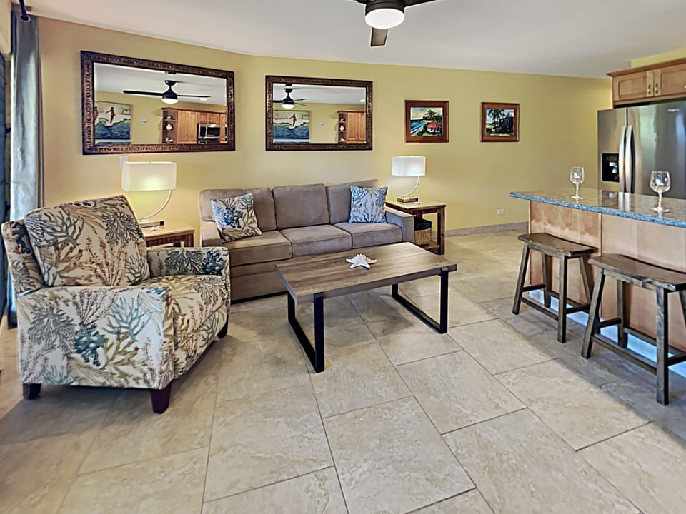 Tastefully decorated living room with Hawaiian touches all throughout