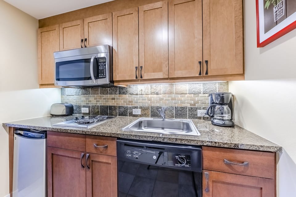 Kitchen - Kitchen- Cozy kitchenette with two in-counter burners, mini fridge, dishwasher, and above range microwave.