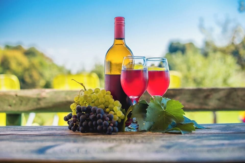 The area is surrounded by vineyards and green fields.