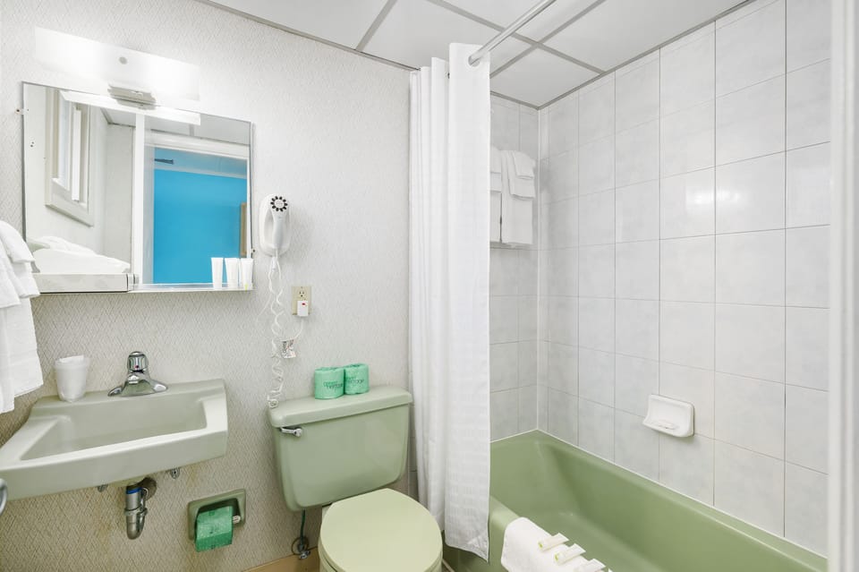 Combined shower/tub, free toiletries, hair dryer, towels