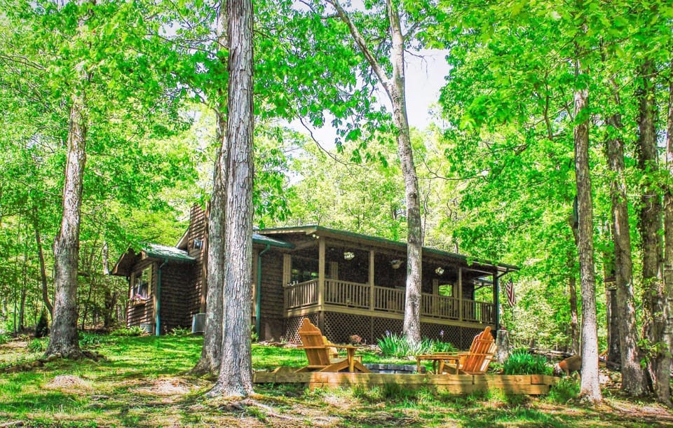 Cabin looking up with fire pit