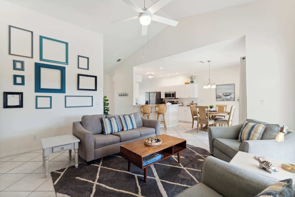There are volume ceilings throughout the home including in the family room 