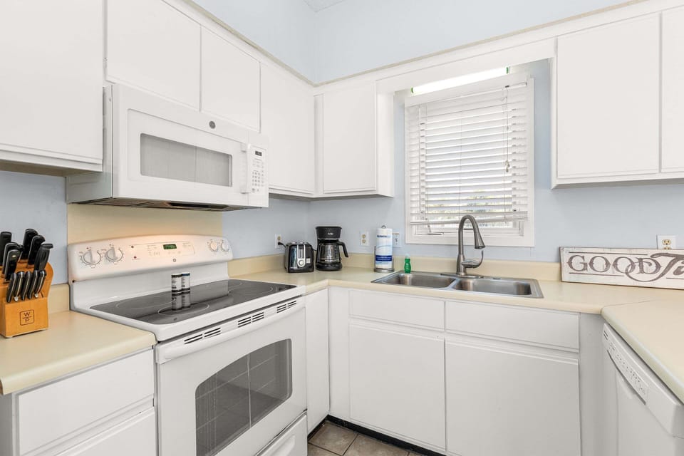 Bright coastal kitchen with ample counter space