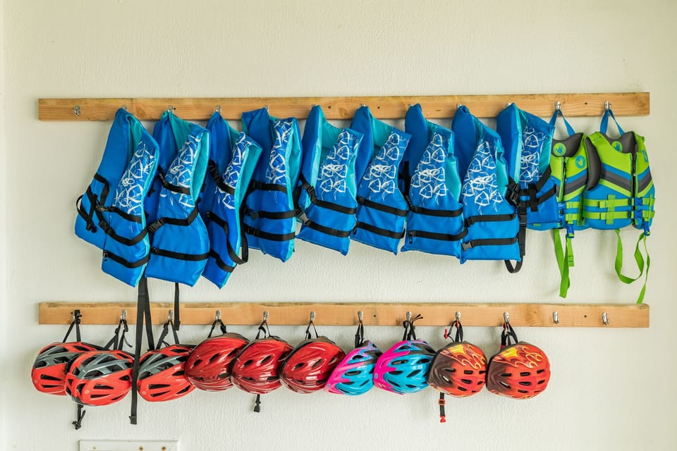 Plenty of bike helmets and life jackets for the family!