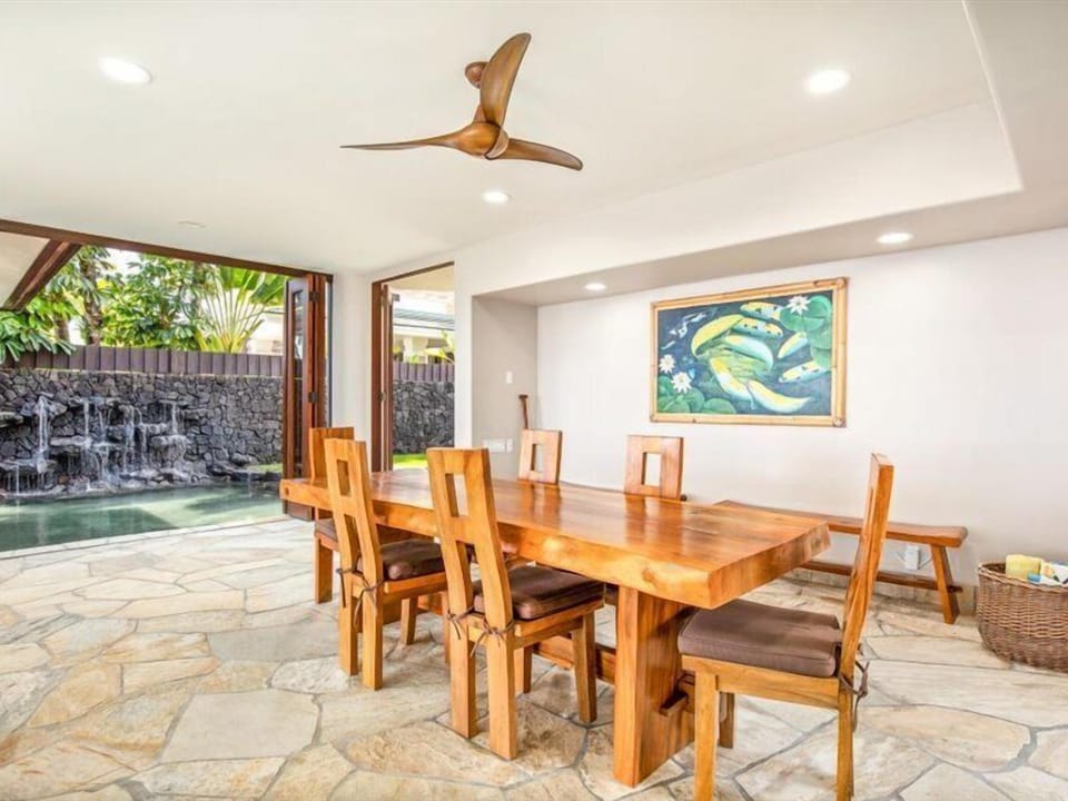 Indoor dining near the kitchen.