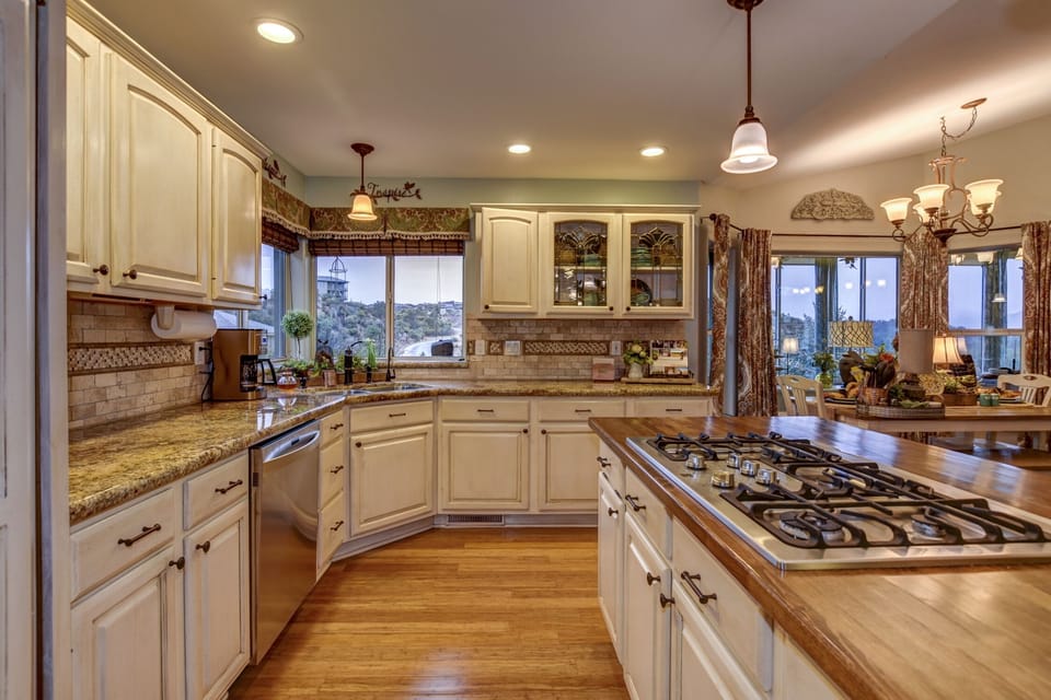 Fully stocked kitchen with mountain views