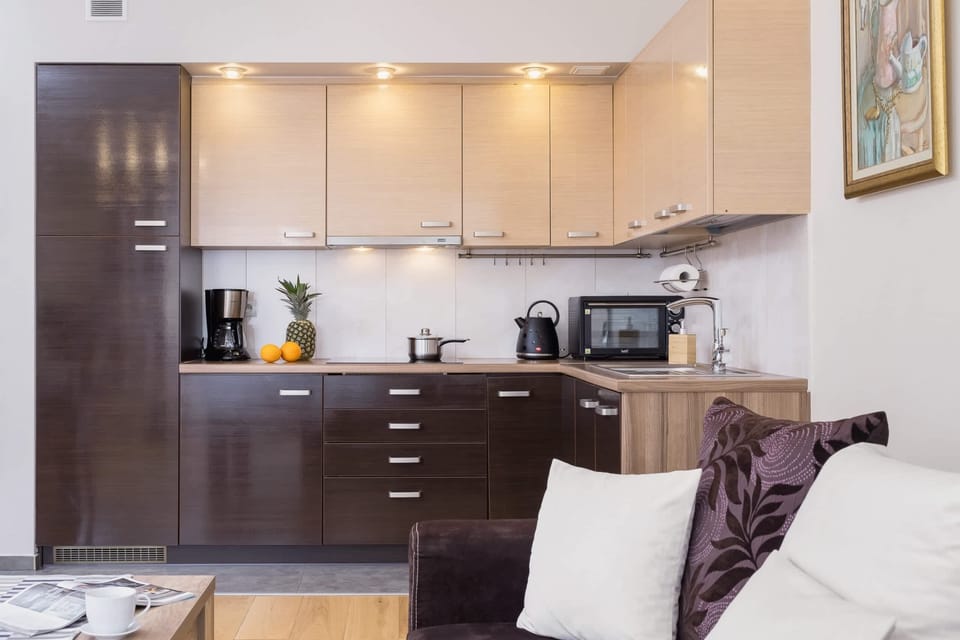Harmoniously connected living room with kitchenette.