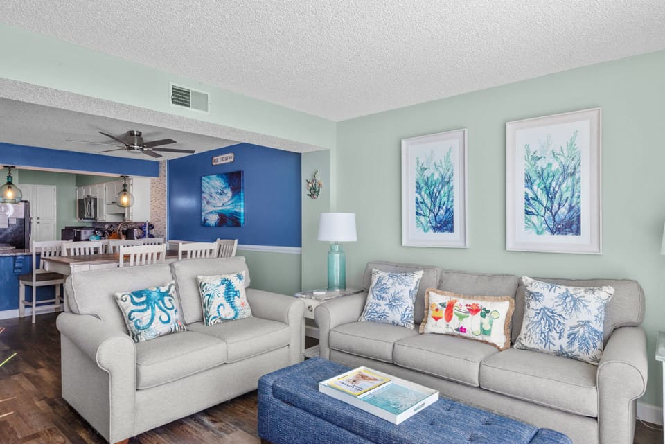The ocean front living room is fabulous for movie night with the family.