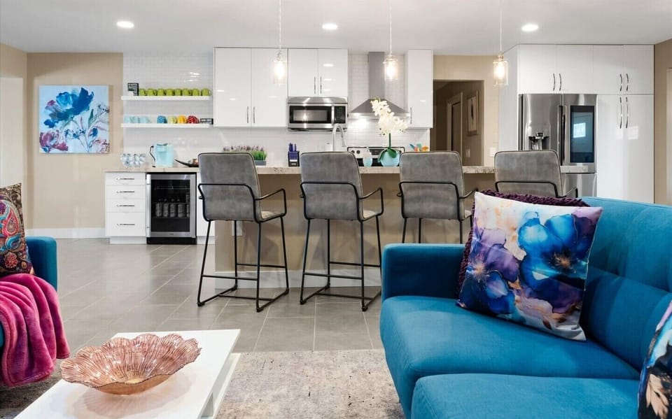 Seamless open-concept flow connecting the main living space straight into the heart of the home.