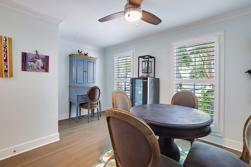 Morning room: work station, dinning room table & a view of outside fairy garden!