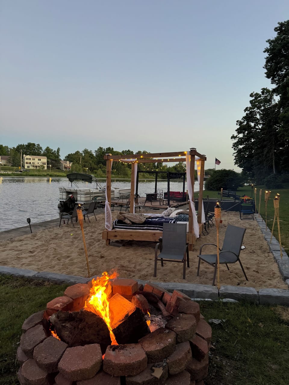 New beach added with Cabana and fire pit. Bags, ladder golf, Jenga and more! 