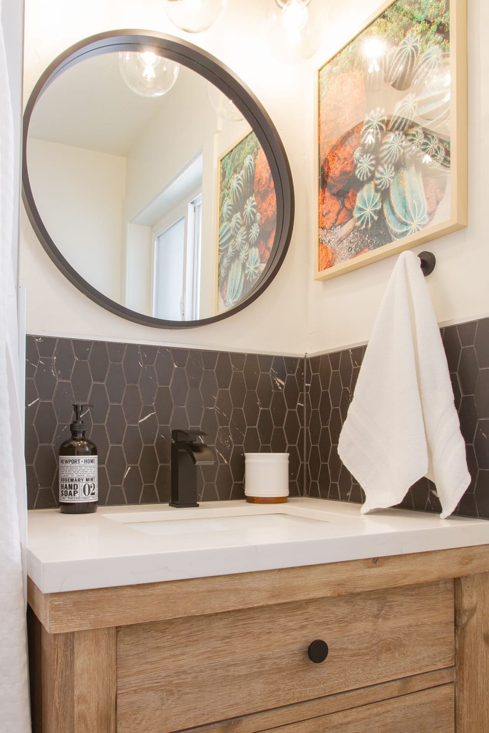 New bathroom with fresh linens and blow dryer