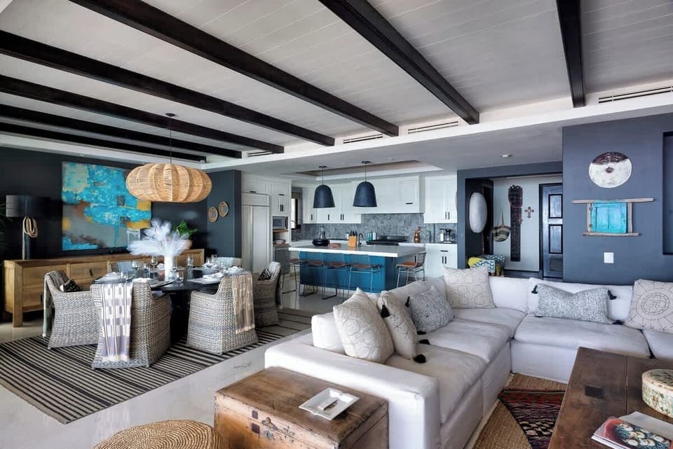 Tropical-inspired decor and beachy vibes throughout
