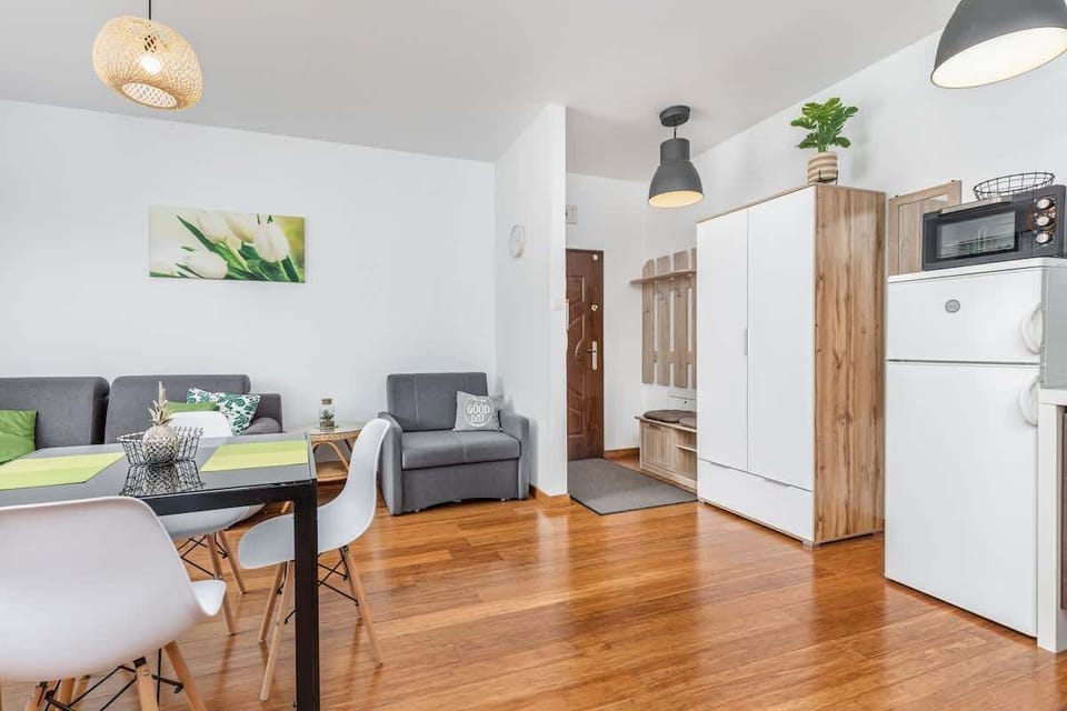 Living room of Lwowska 10B/5 apartment with dining area, sofa, tv and kitchenette