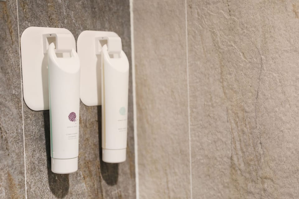 Shower, hair dryer, slippers, towels