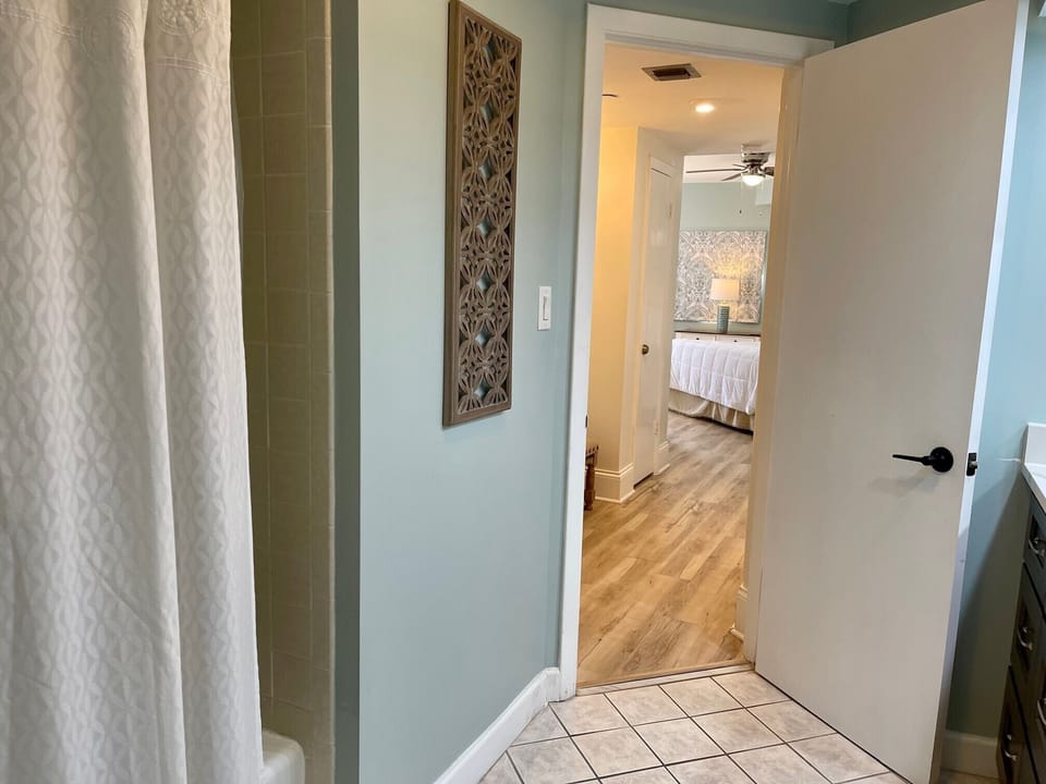 View from master bathroom toward master bedroom (tub/shower combo in bathroom)