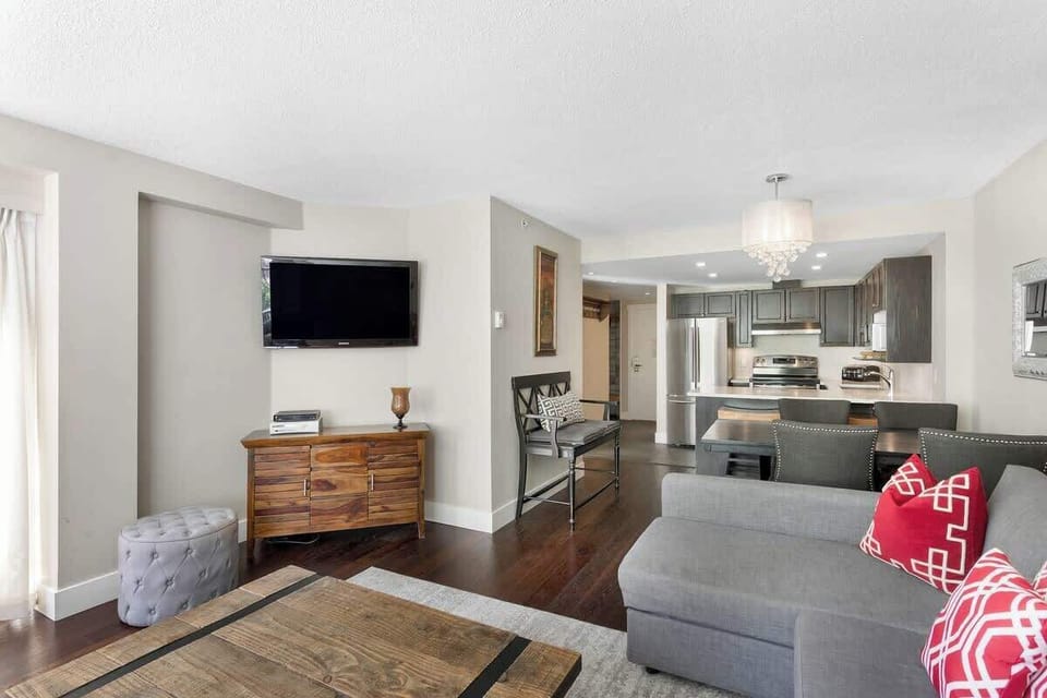 Open plan living, kitchen, and dining areas