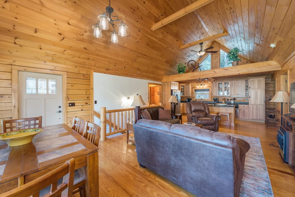 View of dining table and living room