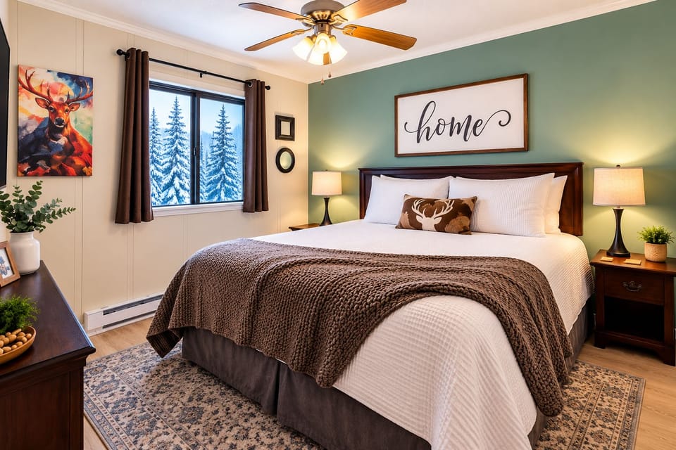 Master bedroom features a king bed with attached bathroom. Relax and Rejuvenate!