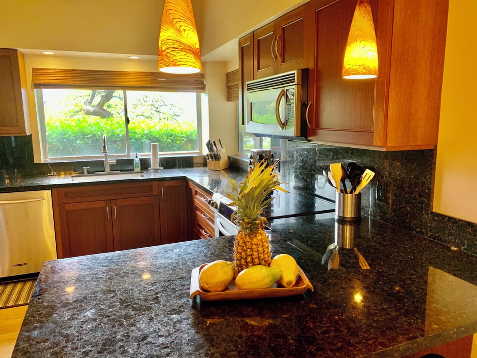 Gourmet kitchen with lots of natural light.