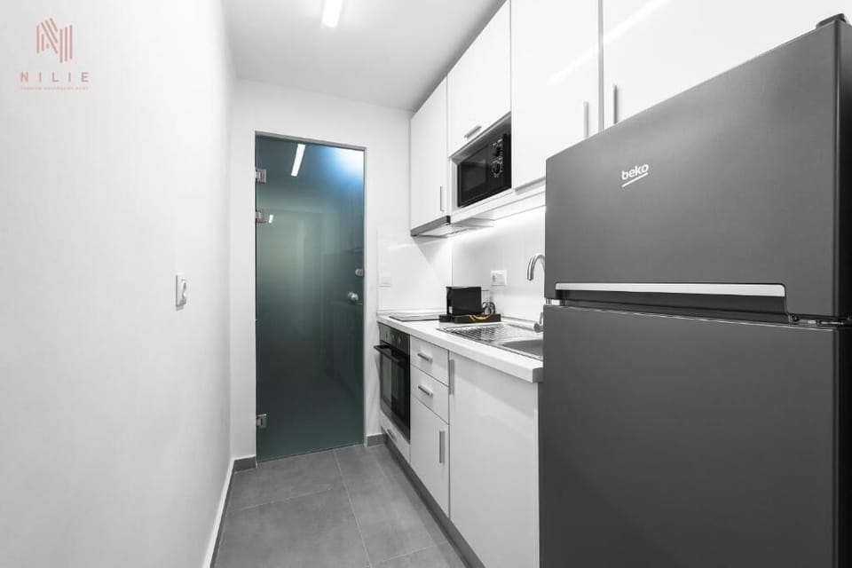 Deluxe Apartment | Private kitchen | Fridge, oven, stovetop, electric kettle