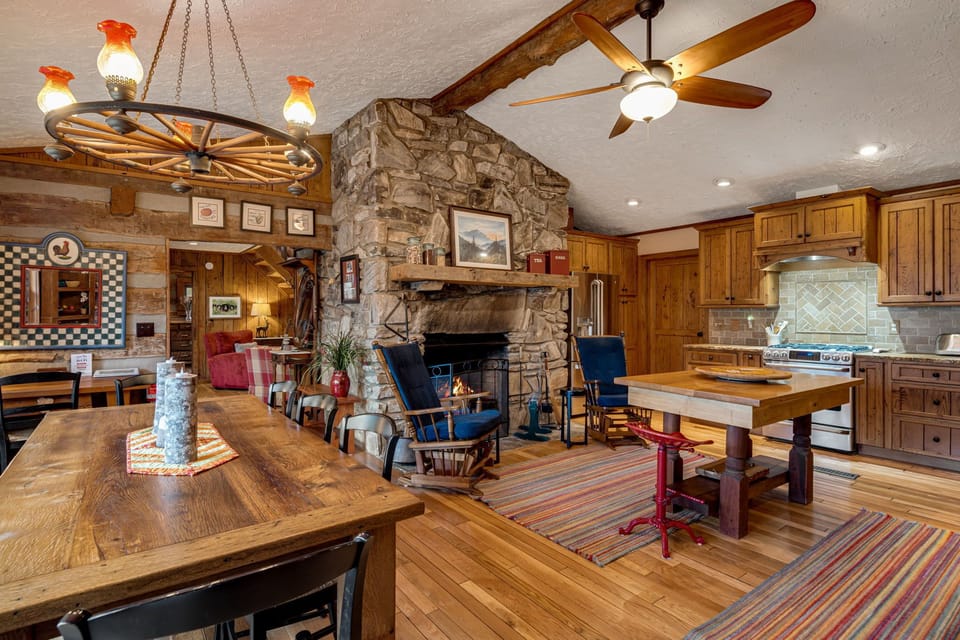 Kitchen/Dining area with wood burning fireplace