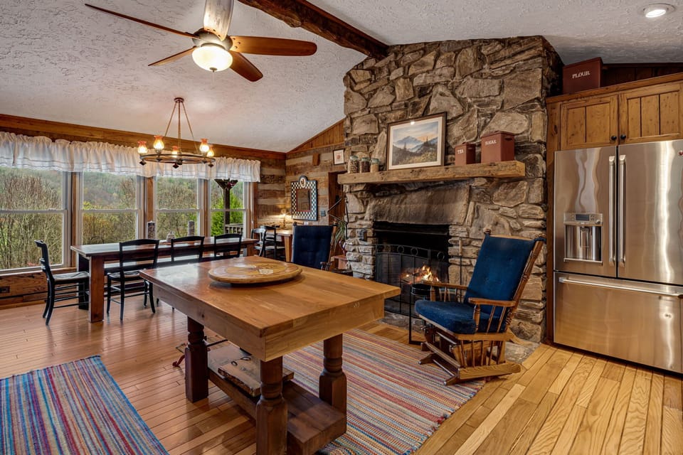 Kitchen with gliders and fireplace