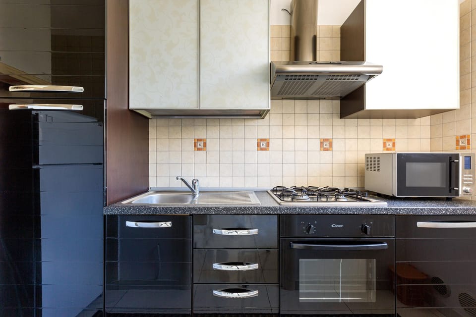 Fridge, microwave, oven, cookware/dishes/utensils