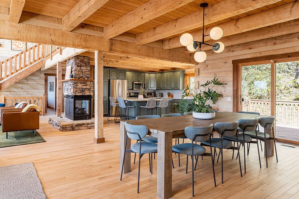 The main level is open-concept, with several cozy gathering areas.