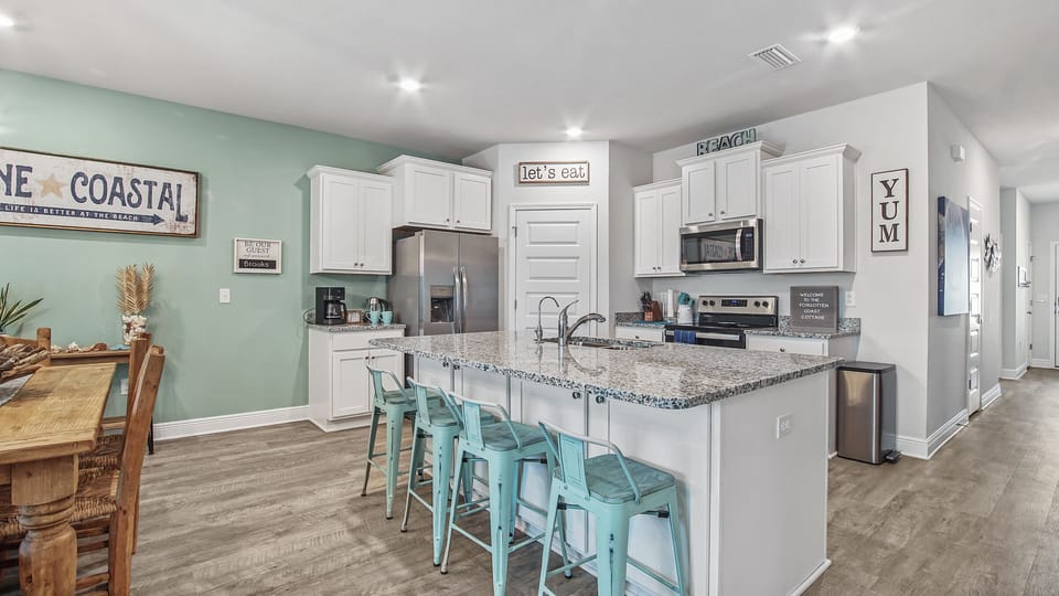 Kitchen with serving for 10, including coffee maker, blender, toaster, insta pot