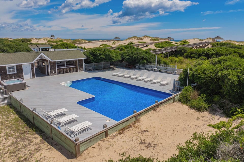 Private Estate Aerial — The Mark Twain Oceanfront, 3 Private Acres with Pool, Hot Tub & Direct Beach Access on Corolla's 4x4 Beach