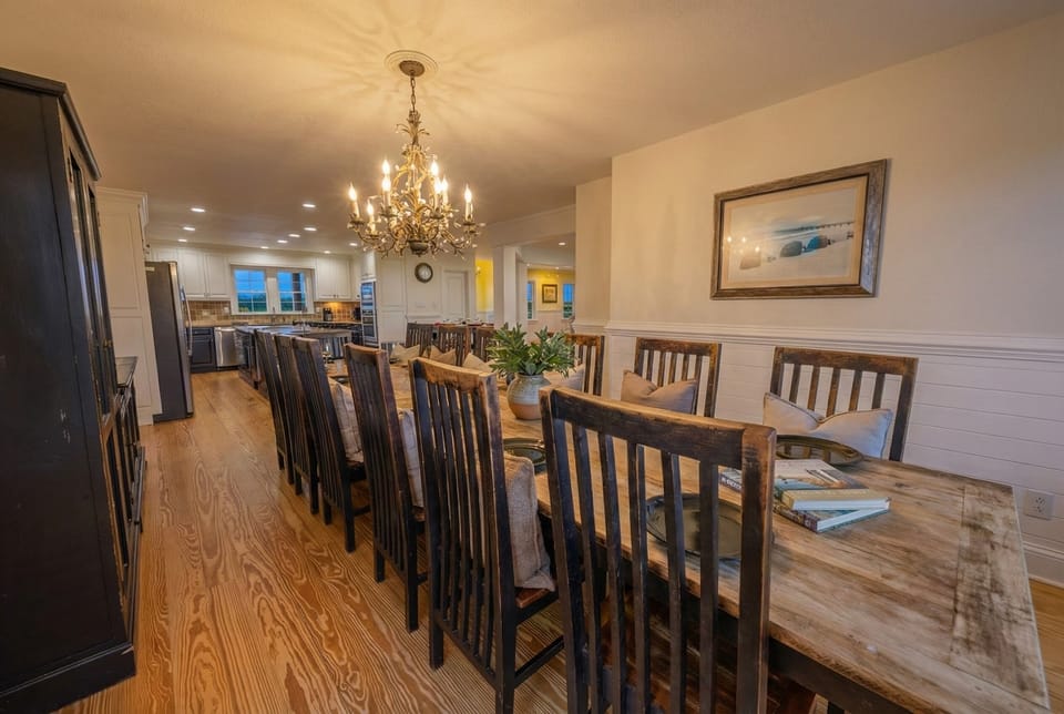 Elegant Dining Room for Large Groups — Expansive Table with Ocean Views, Perfect for Family Reunions & Group Dinners | The Hemingway, Outer Banks