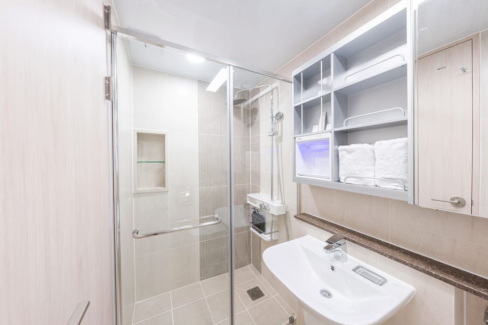 Shower, rainfall showerhead, hair dryer, towels