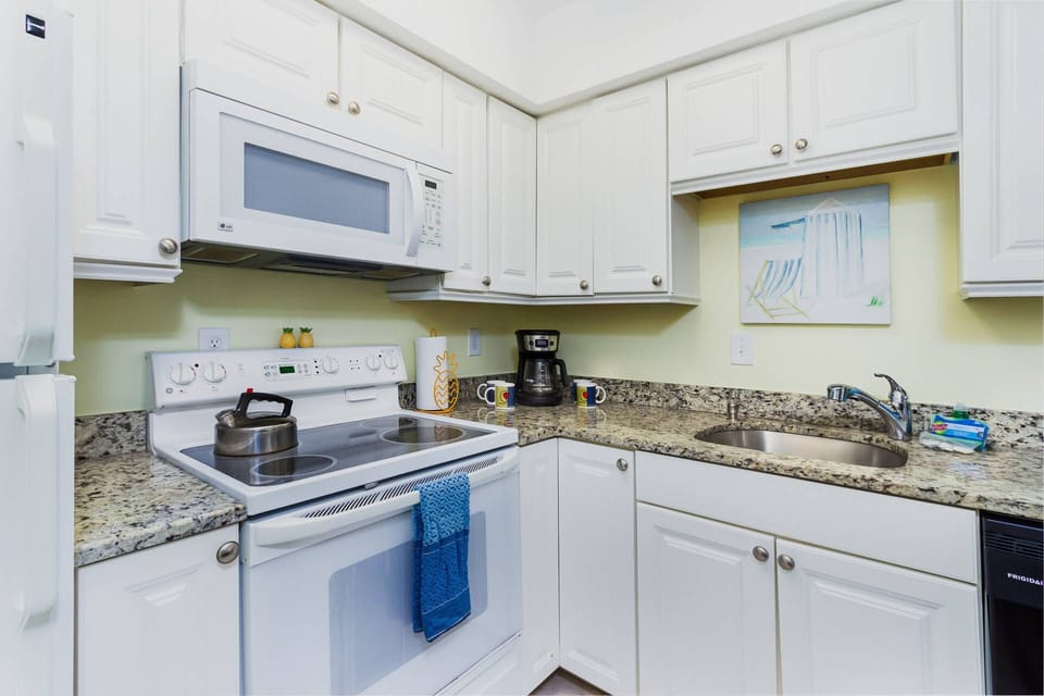 Stocked kitchen makes it really convenient to whip up your favorite meals at home if you prefer.