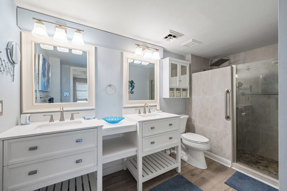 Plenty of storage space in the bathrooms.