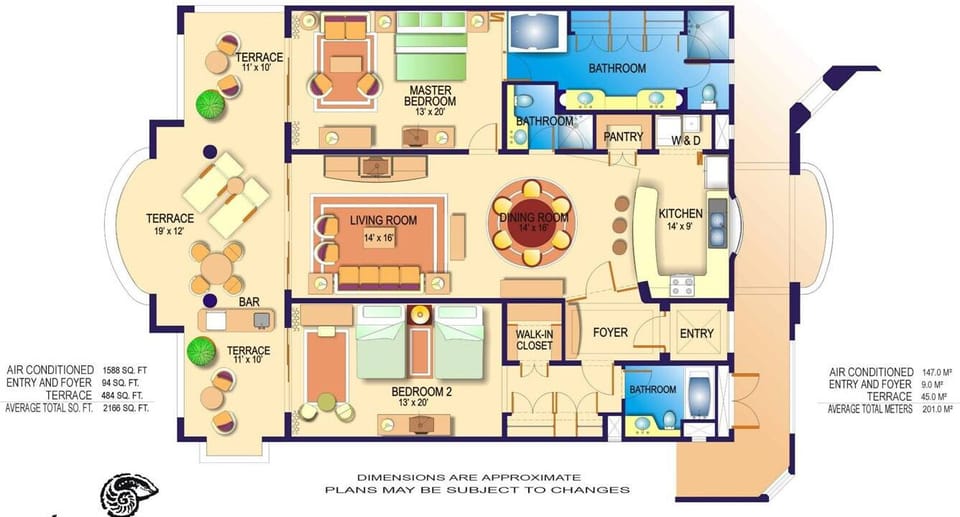 Floor plan of a 2-bedroom villa