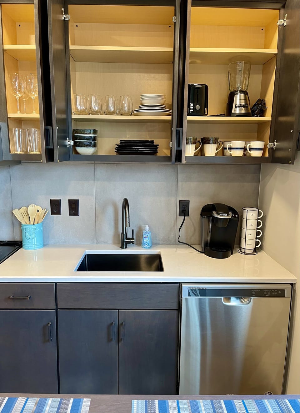 Full Kitchen stocked with all dishes, pots, pans, coffee mugs. Keurig etc 
