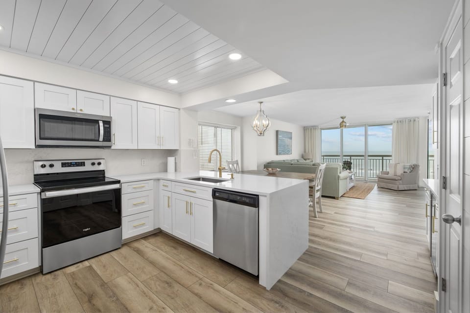 Open kitchen, dining, and living room