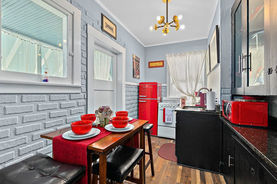 Full galley kitchen with retro appliances