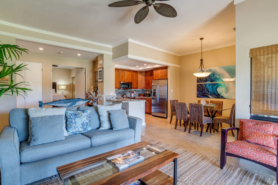 Bright living room with queen sleeper sofa—ideal for extra guests or movie nights.