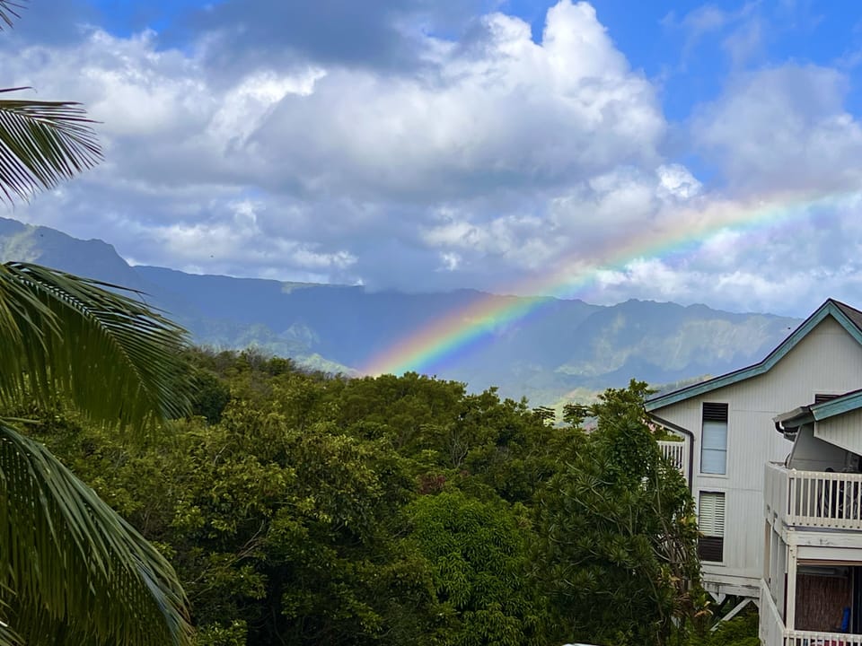 Your view from the lanai looking out at Bali Hai and a canopy of trees