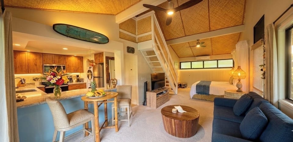 Balinese-inspired loft with bamboo ceilings and local Hawaiian art