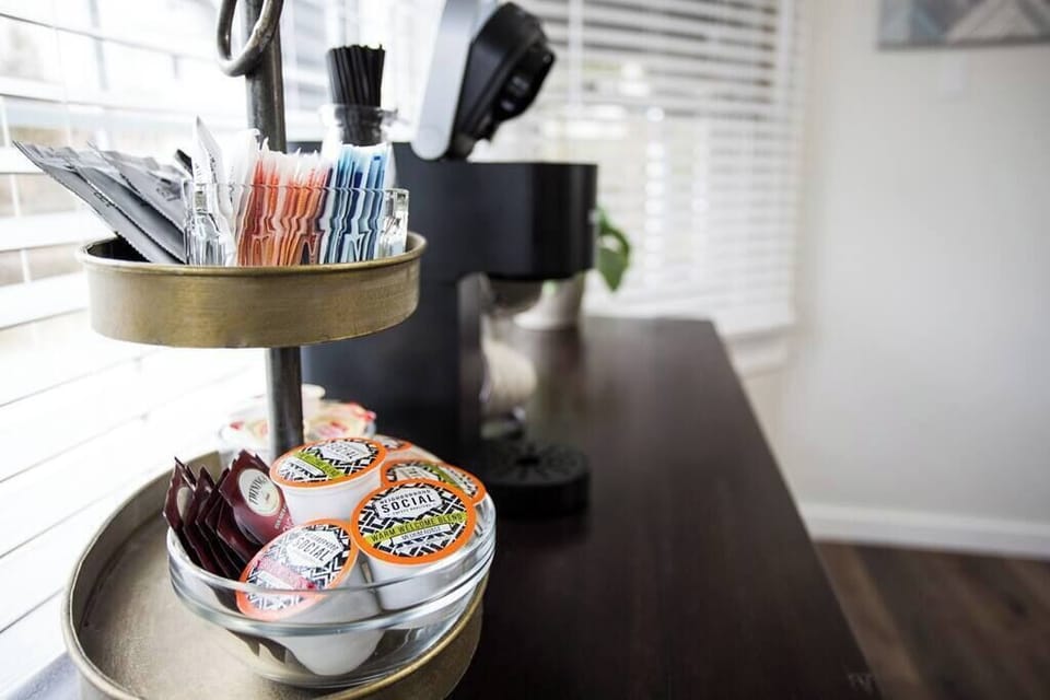 A complete coffee bar with Keurig and K-cups to make your morning brew extra special!
