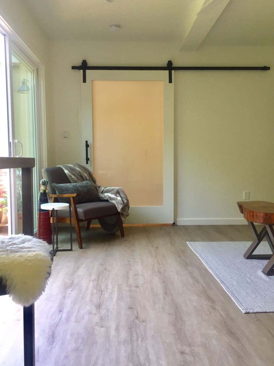 Obscure glass barn door leading to private bedroom.