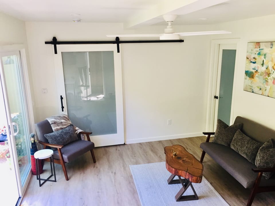 Spacious living room with privacy barn door separating bedroom.