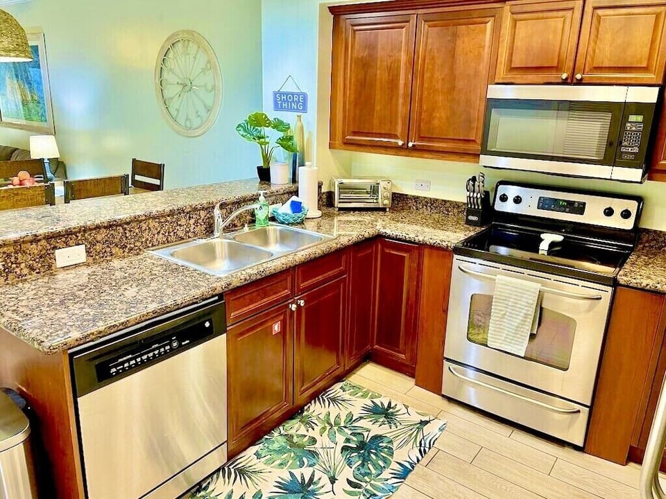 Kitchen fully stocked with all new wares.